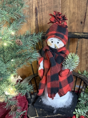 Handmade Snowman in Black & Red Fleece Buffalo Check with Greens By Deb 14